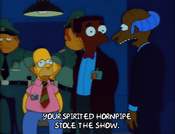 Homer Simpson in a pink shirt and striped tie, Carl Carlson in a suit, and Mr. Burns in a tuxedo talking to police officers. Text: "Your spirited hornpipe stole the show."