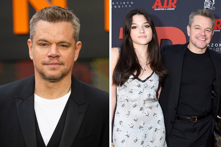 Matt Damon in a black suit at an event. In another photo, Matt Damon in a black outfit with his daughter Alexia Barroso in a white dress