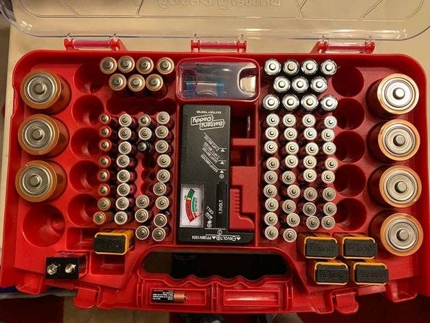 A reddish  retention  lawsuit  filled with assorted  types of batteries, including AA, AAA, C, D, and 9V, arranged neatly successful  designated compartments