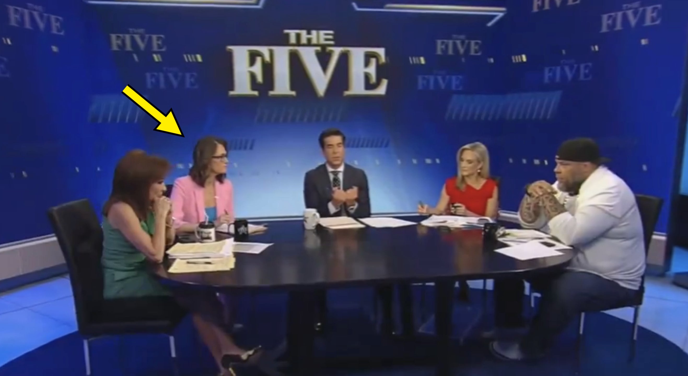 Panel on &quot;The Five&quot; with five hosts discussing. Seated from left to right: Jeanine Pirro, Jessica Tarlov, Jesse Watters, Dana Perino, and Greg Gutfeld