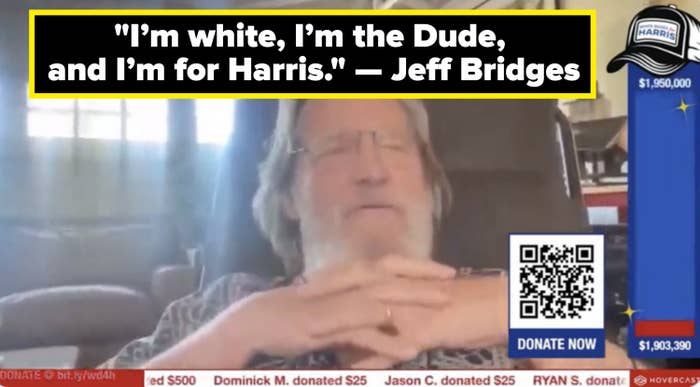 Jeff Bridges is seated in a room with his hands clasped, appearing relaxed. Text on screen shows donation amounts and a QR code for donations to the Harris campaign