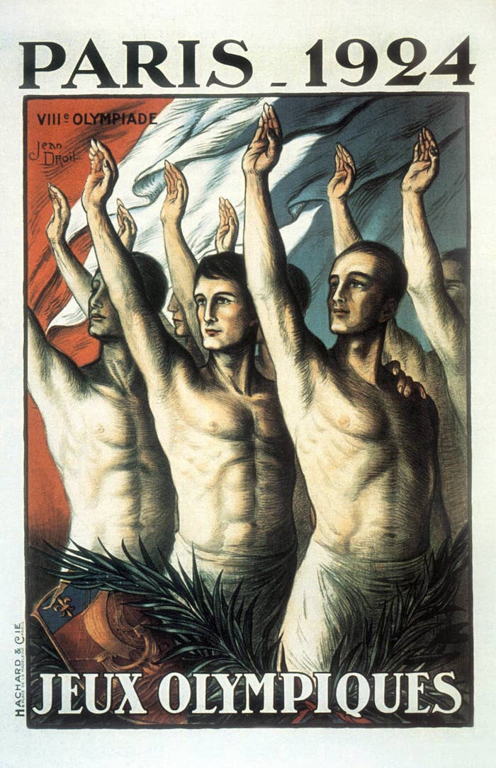 Poster of the 1924 Paris Olympics. It features four shirtless athletes raising their right arms, with &quot;PARIS 1924&quot; and &quot;JEUX OLYMPIQUES&quot; text
