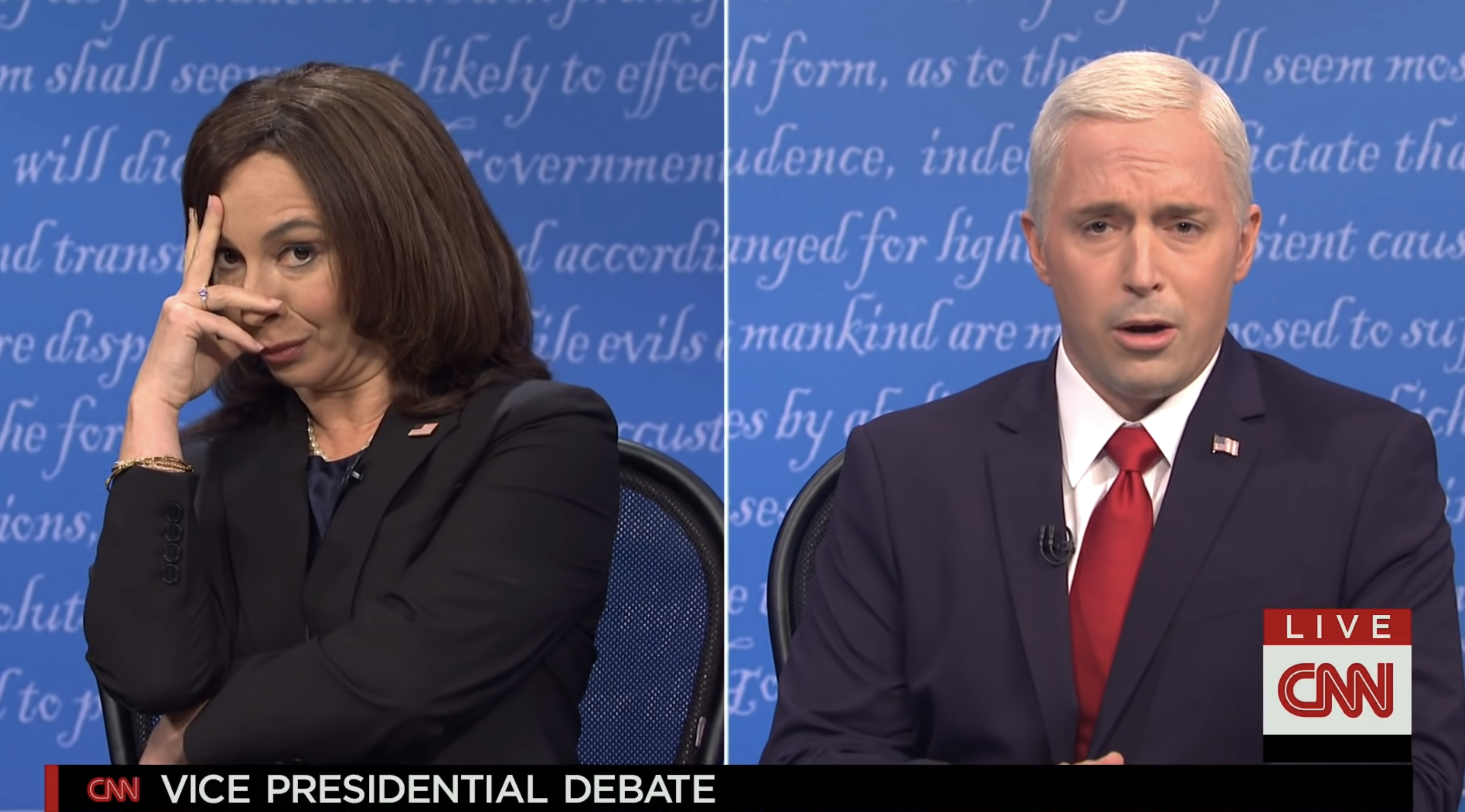 Maya Rudolph portraying Kamala Harris and Beck Bennett portraying Mike Pence in a comedy sketch on CNN, mimicking a vice presidential debate