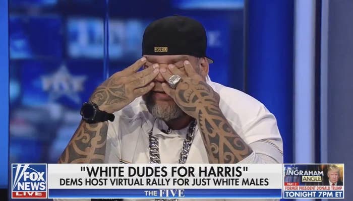 Man with tattooed arms, black cap, and sunglasses covering face on Fox News' &quot;The Five.&quot; Headline reads, &quot;WHITE DUDES FOR HARRIS – DEMS HOST VIRTUAL RALLY FOR JUST WHITE MALES.&quot;