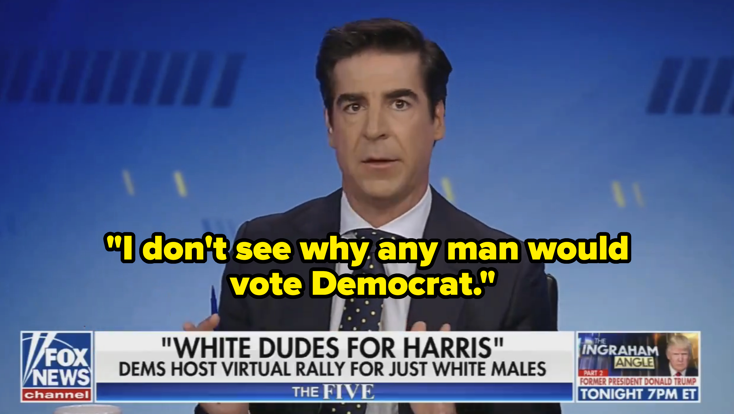 Fox News anchor discusses a story titled &quot;White Dudes for Harris: Dems Host Virtual Rally for Just White Males&quot; on a news segment with a small inset promoting The Ingraham Angle at 7 PM ET