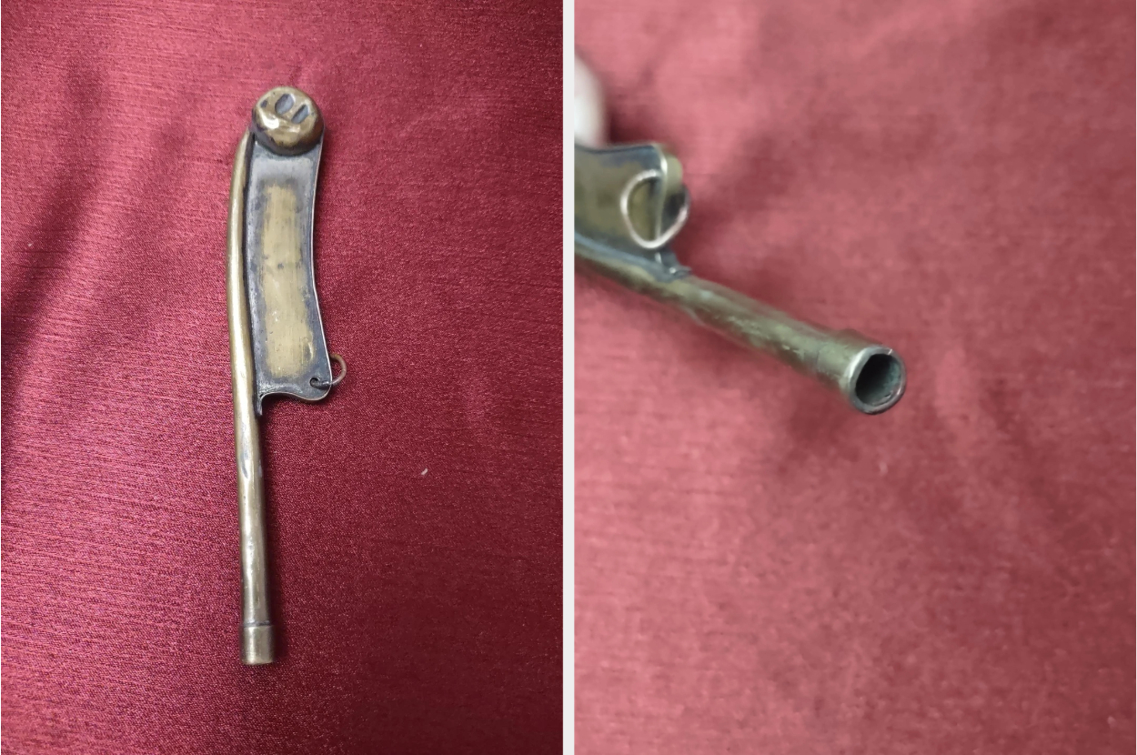 A two-panel image shows a small, antique metal tool with a curved handle and a hollow nozzle. The left panel displays its full length, and the right panel shows the nozzle's close-up