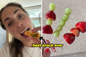 A woman enjoys a pickle wrapped in a snack. Next image shows skewers with strawberries and grapes. Text reads: "best snack ever."