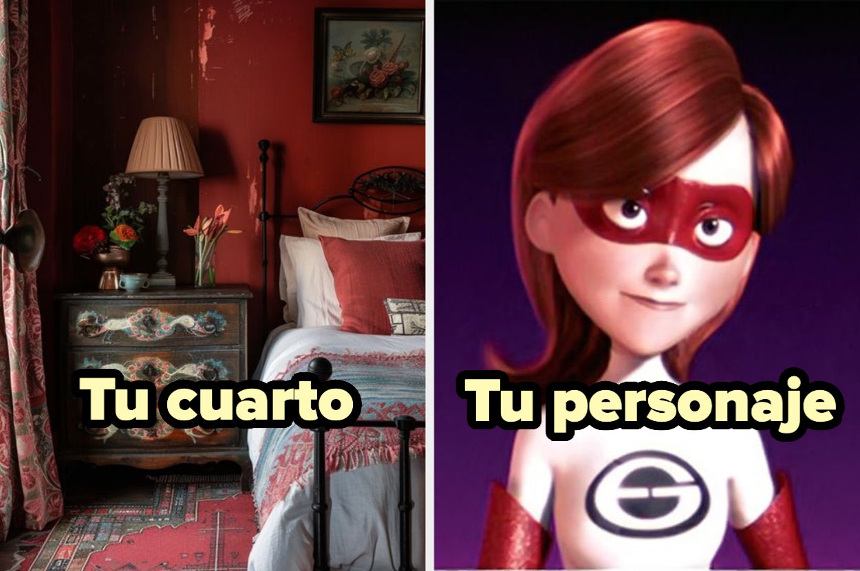 Imagen dividida en dos partes: a la izquierda una habitación vintage con cama y mesita de noche, y a la derecha Elastigirl de Los Increíbles con un texto que dice "Tu personaje"