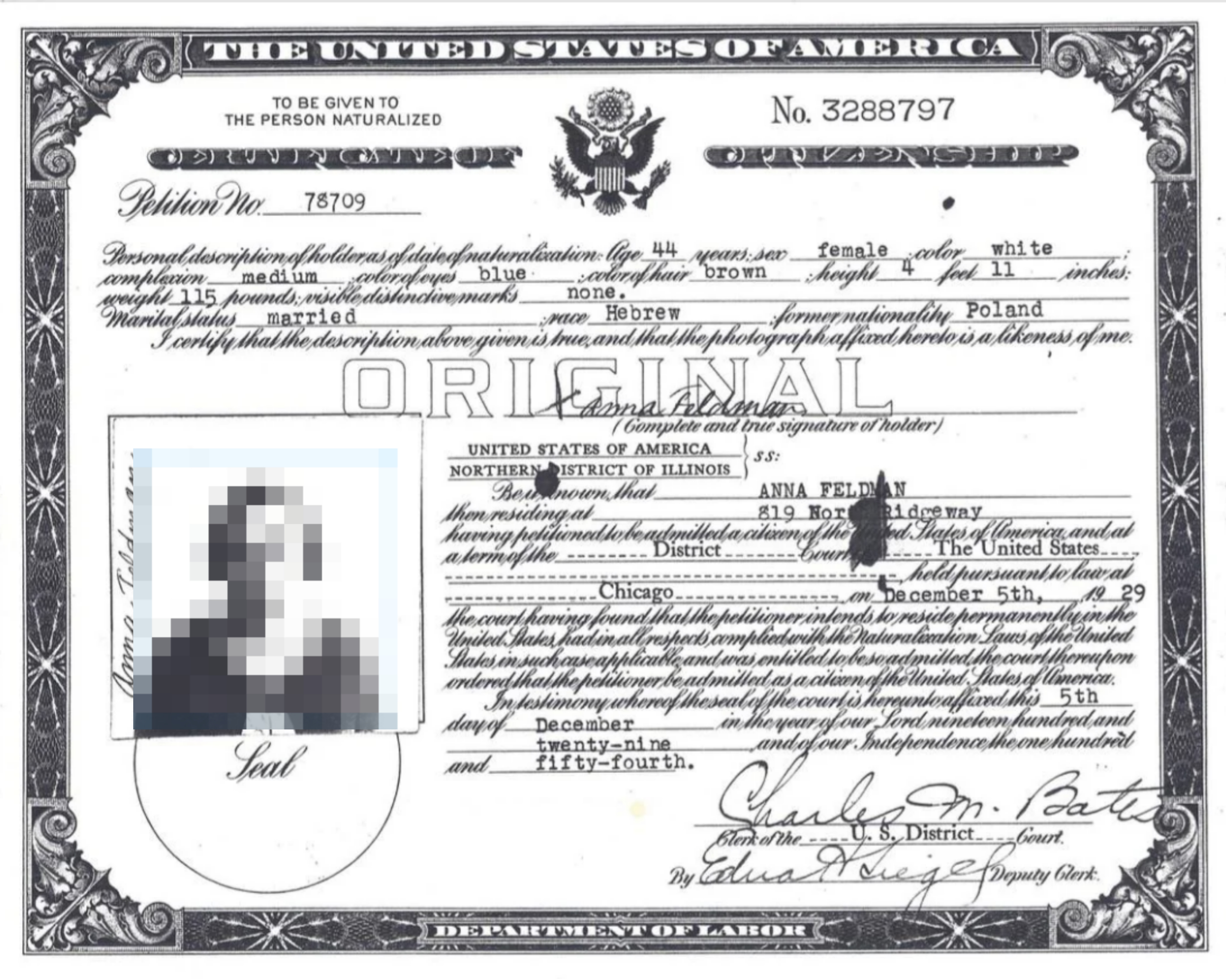 A 1932 U.S. Certificate of Citizenship issued to Anna Fridman. Includes Anna Fridman's black-and-white portrait and signatures of legal authorities