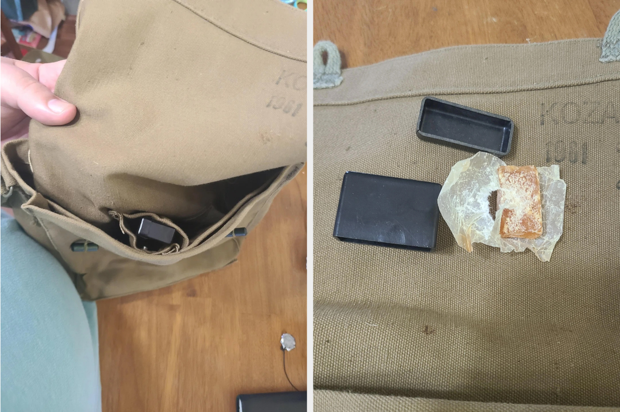 A thick canvas military surplus bag. One picture shows the inside of the bag; the other shows a small black box and wax paper with a smaller cube-shaped item on top