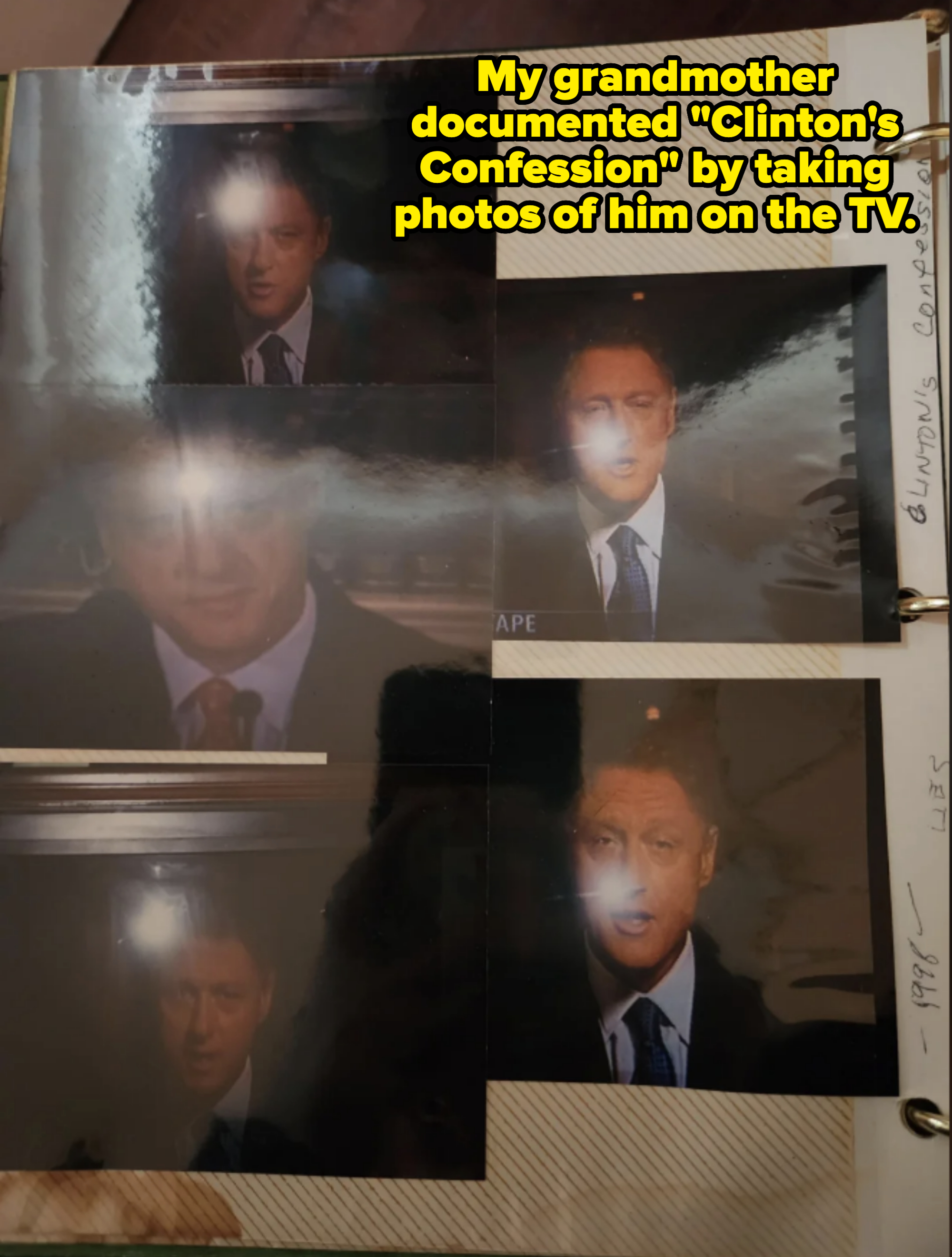 Several images of a man delivering a speech or address on television, depicted in formal attire. The edges are part of a photo album
