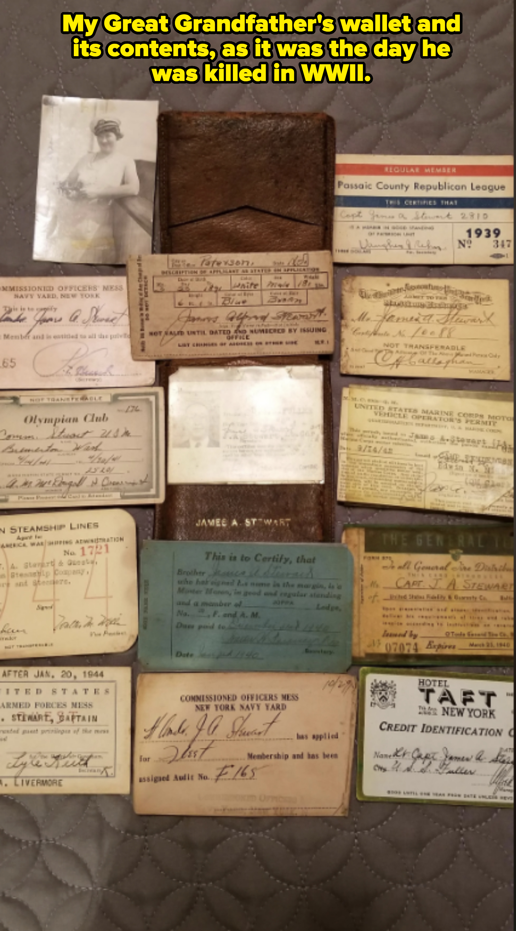 A collection of James A. Stewart's identification cards and documents, including military service records, club memberships, and a black-and-white photograph