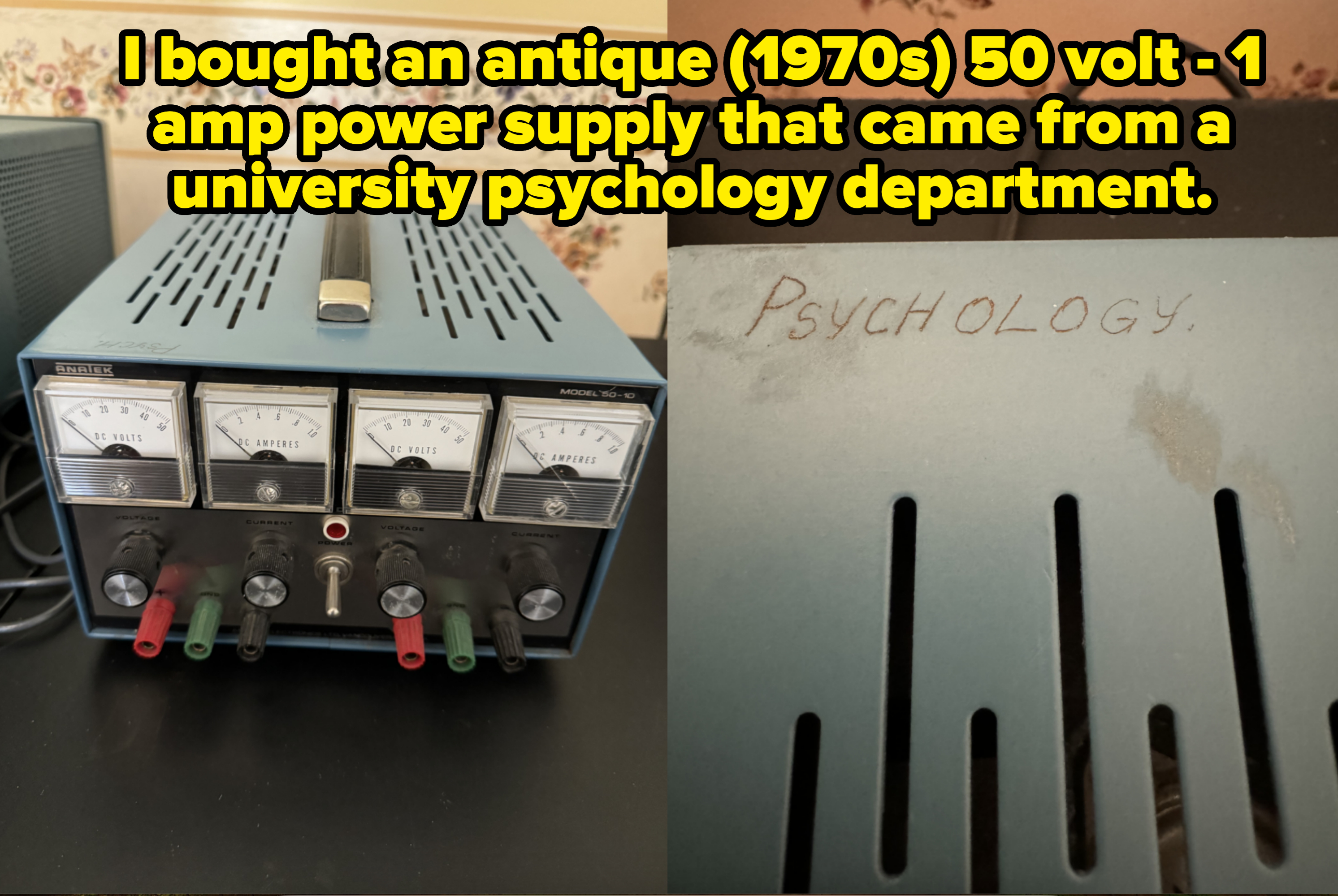 A photo showing a piece of electronic equipment with gauges and knobs, and a metal surface with "PSYCHOLOGY" handwritten on it