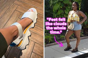 Left: Close-up of a white sandal with a thick, wavy sole. Right: reviewer in a yellow crop top, denim shorts, and black sandals; caption reads, "Feet felt like clouds the whole time."