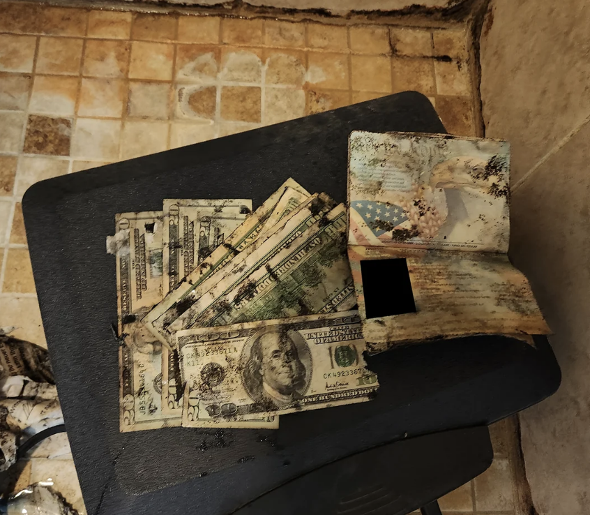 Worn U.S. bills scattered near a burnt, partially damaged passport on a dark surface