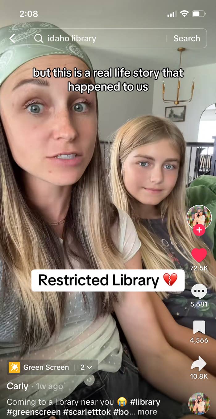 Carly and her child discuss a real-life story about the challenges of visiting a restricted library on a streaming app. The text on the image reads "Restricted Library ❤️?"