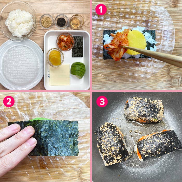 4コマの画像、ライスペーパーにご飯、海苔、野菜などを載せて巻き、焼き上げるまでの手順が示されています。