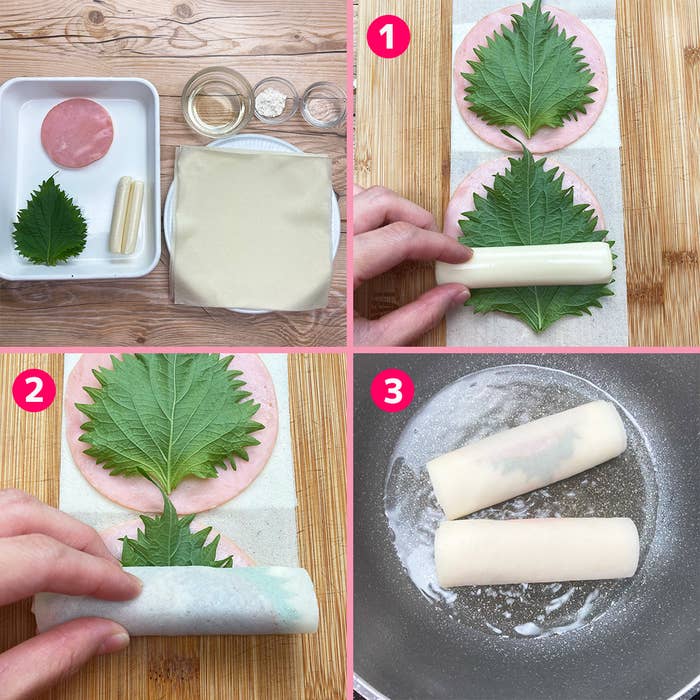 4段階の工程写真。1段階目:具材はハム、シソ、チーズスティック。2段階目:シソとチーズをハムで巻く。3段階目:巻いた物をフライパンで調理する。