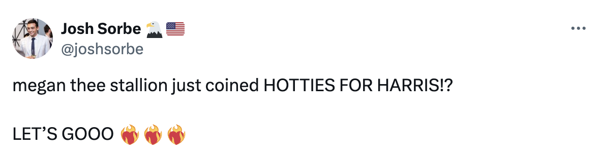 Josh Sorbe tweets, "megan thee stallion just coined HOTTIES FOR HARRIS!? LET'S GOOO ??"