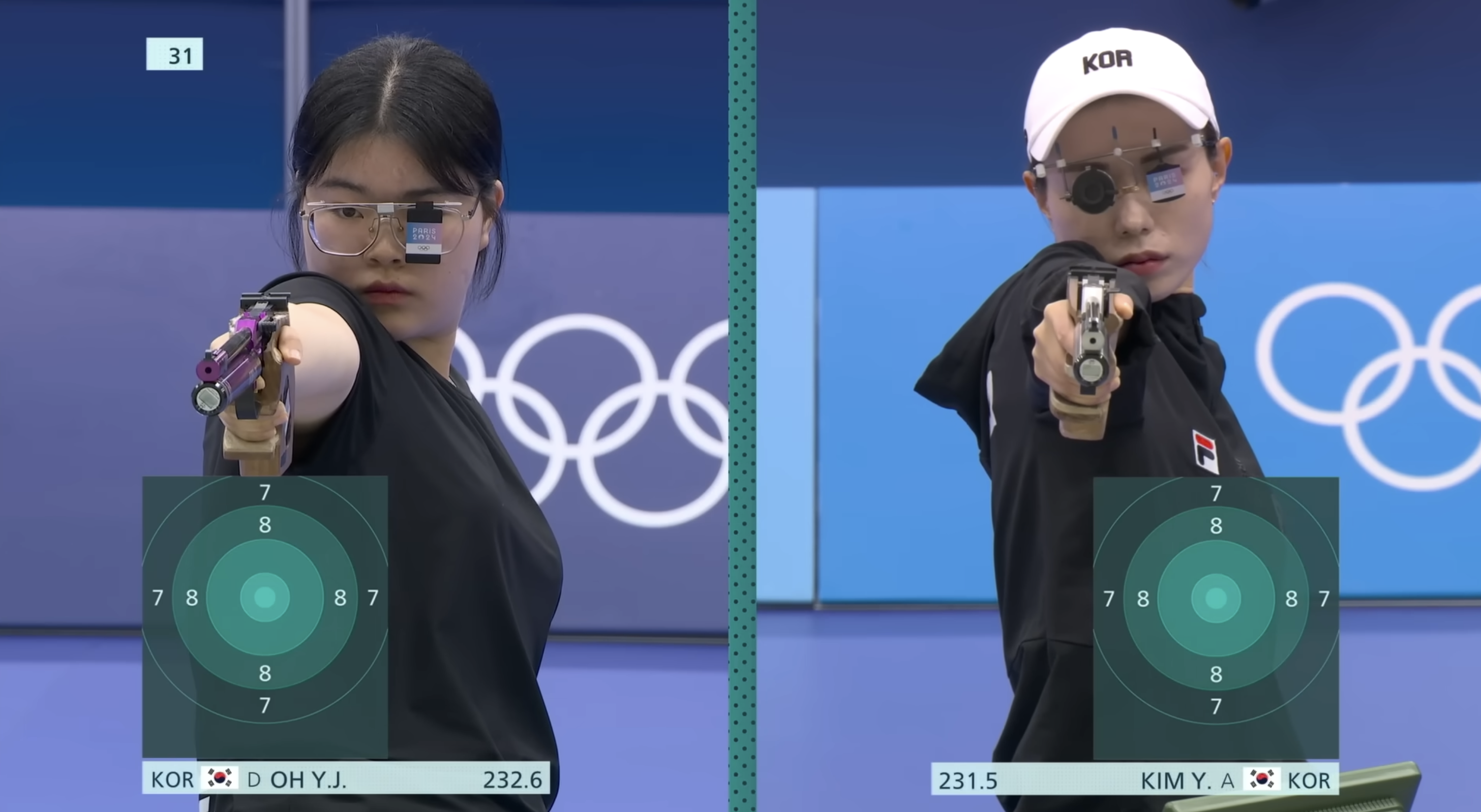 The image shows two competitive shooters from South Korea, D Oh Y.J. and Kim Y.A., aiming pistols at targets during a shooting event. Scores: 232.6 for Oh, 231.5 for Kim
