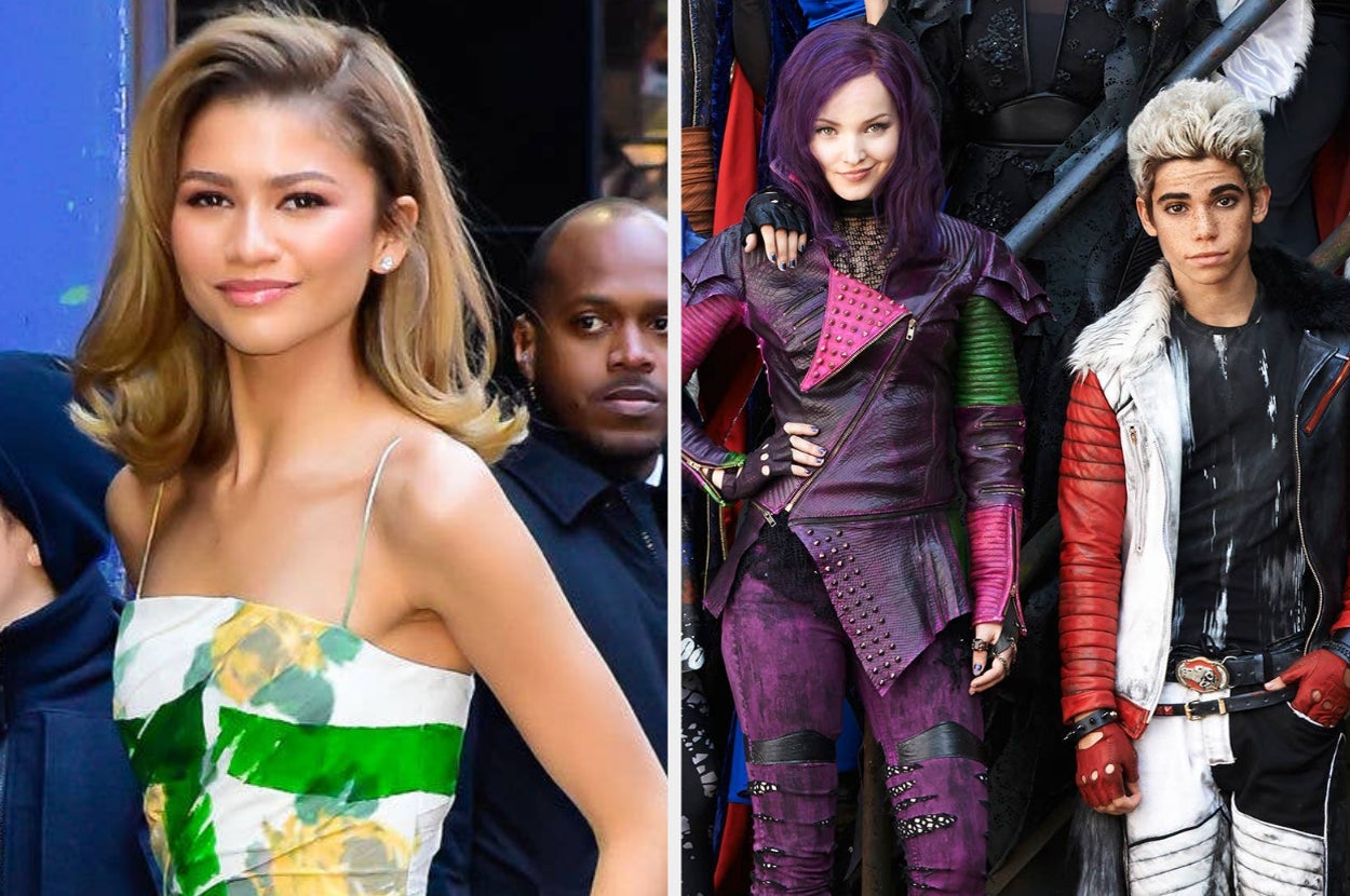 Zendaya in a floral dress poses on the left; Dove Cameron, Booboo Stewart in colorful costumes from Disney's Descendants on the right