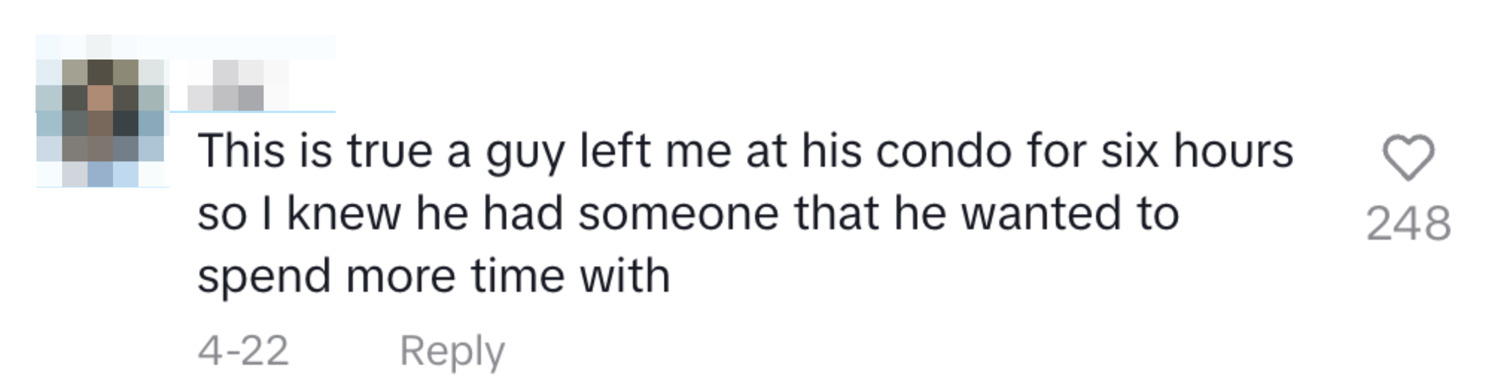 Joy comments about being left alone at a guy's condo for six hours, realizing he had someone he preferred to spend more time with
