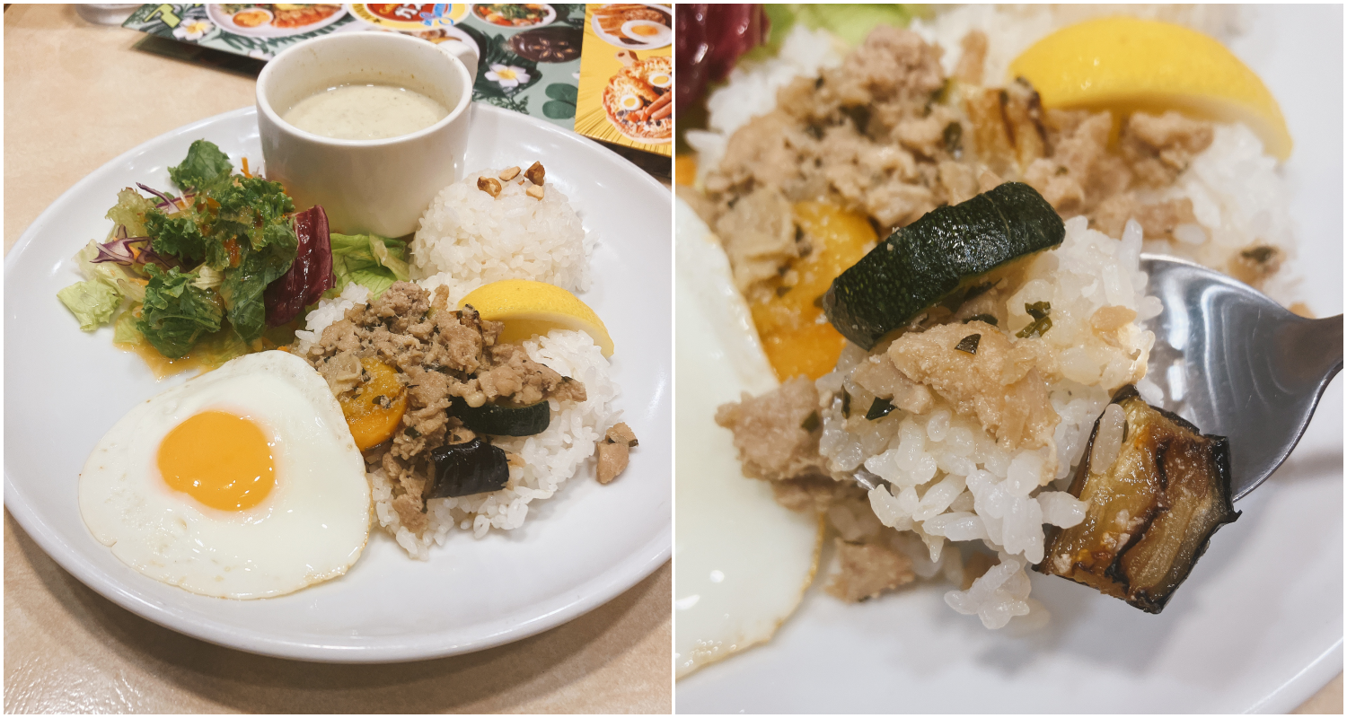 ガストのおすすめ料理「エダジュン監修ガパオ＆グリーンカレープレート」