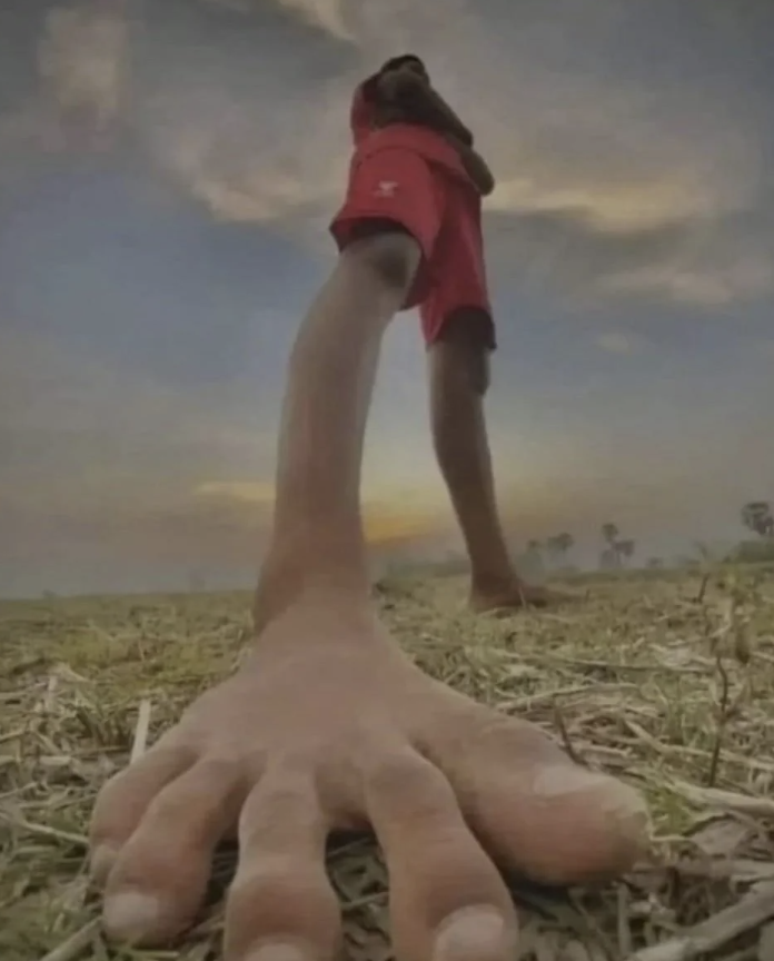 A person in a red outfit stands with a dramatically foreshortened perspective, making their extended right leg and foot appear unusually large in the foreground