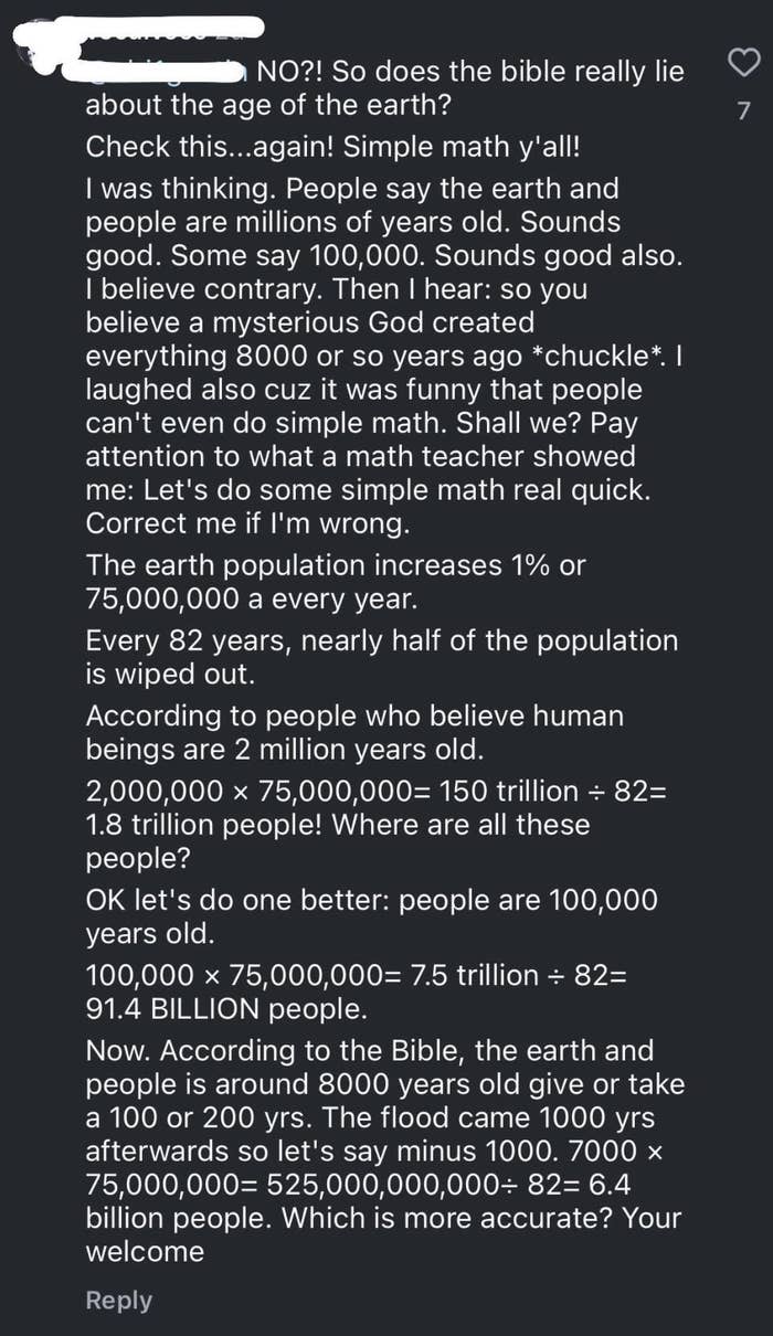 A social media post arguing that the earth is only 8000 years old and presenting terrible math to prove it, including arguing that the population is halved every 82 years