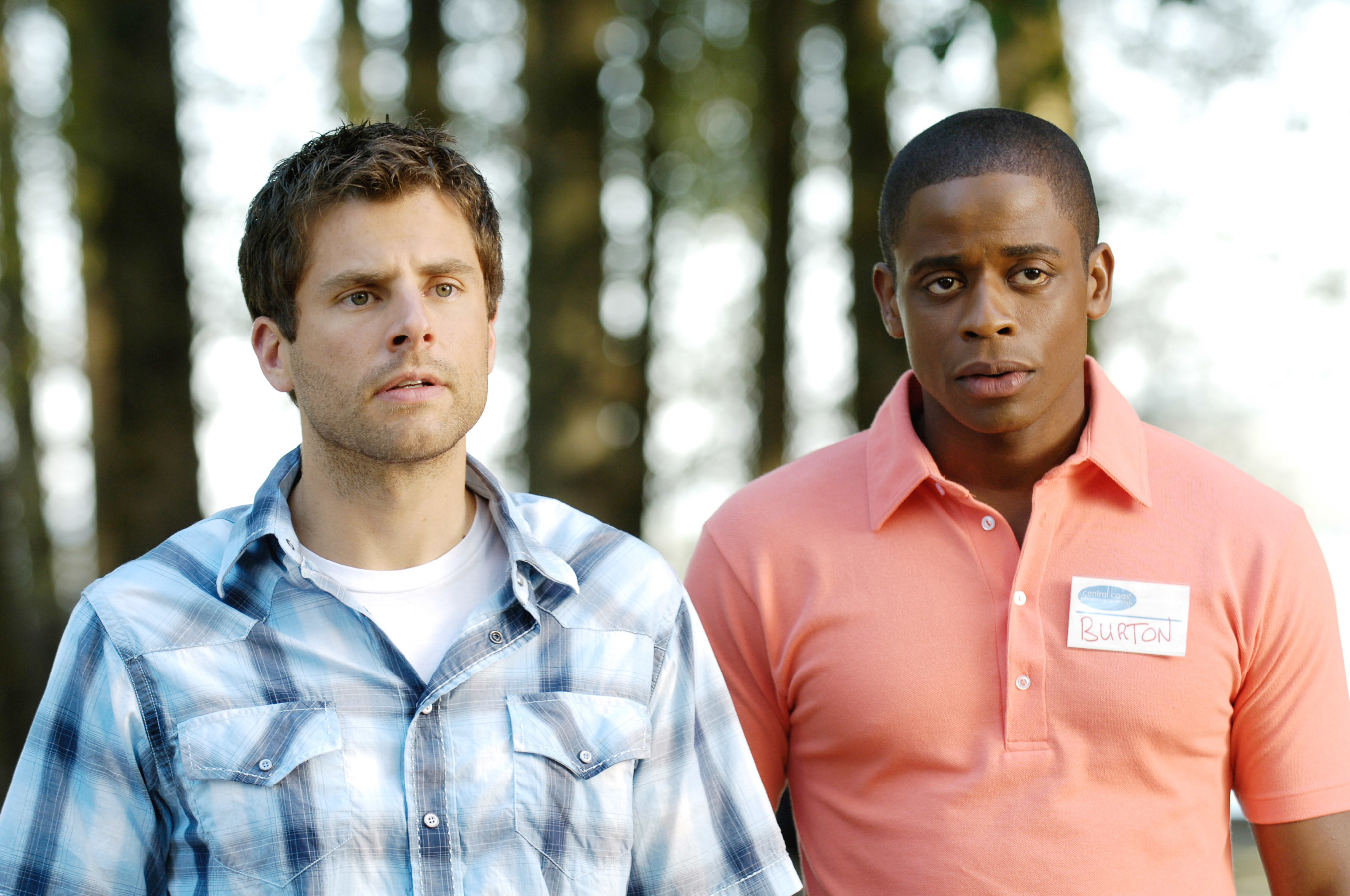 James Roday and Dule Hill in casual clothing in a scene from "Psych"