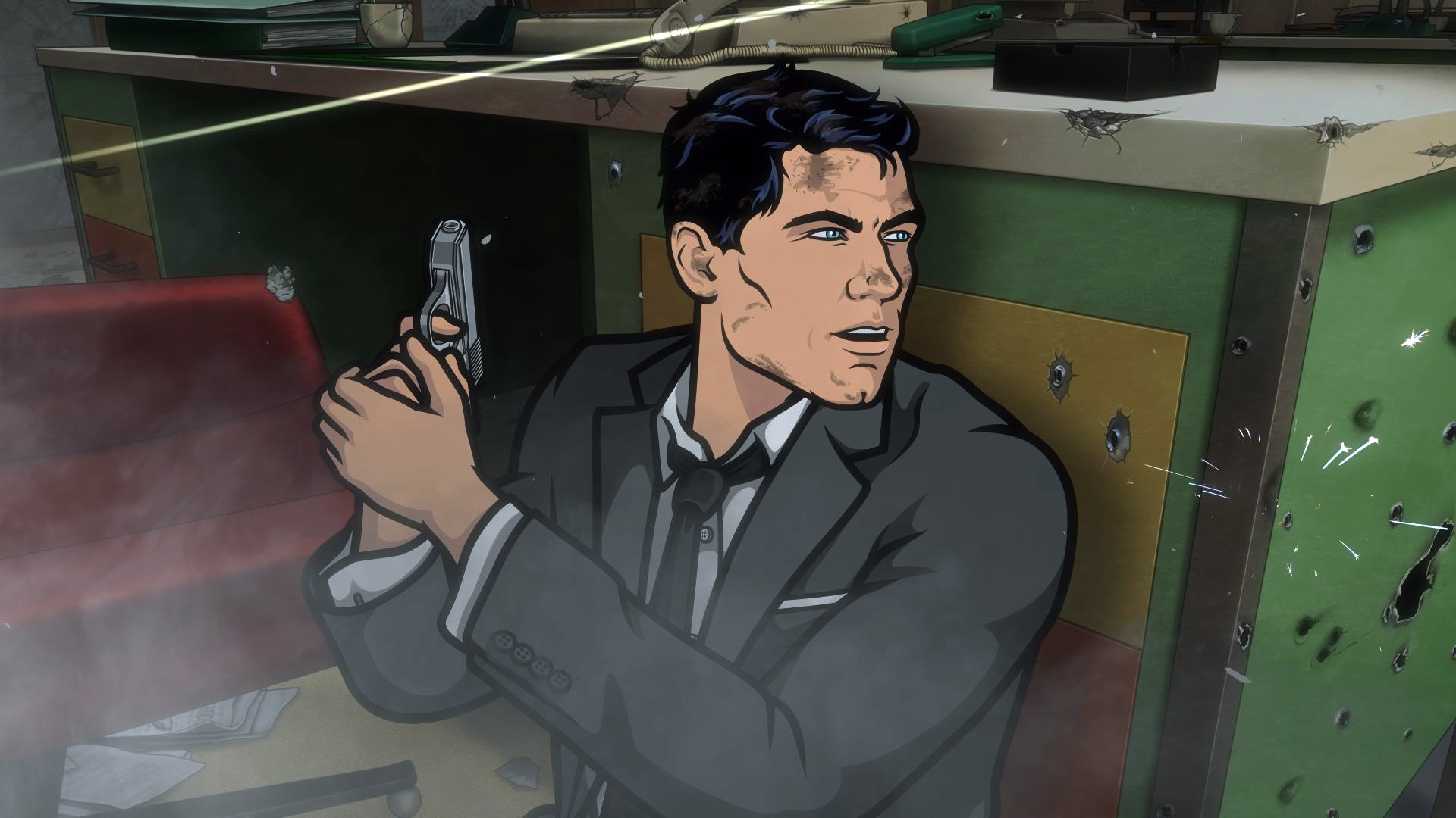 Sterling Archer as Archer wearing a suit and holding a gun