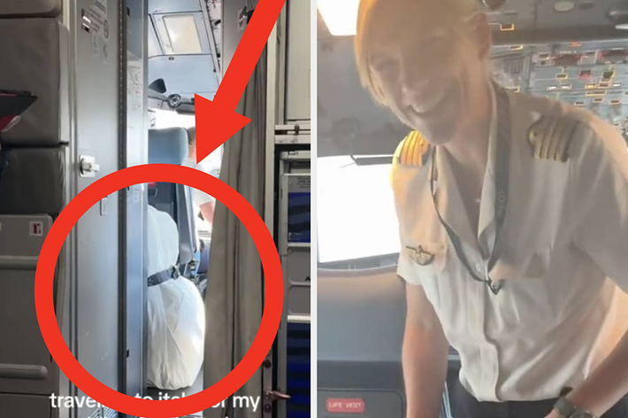 左側の画像は飛行機内の窓側の席に座っている人を示しており、右側の画像には飛行機のパイロットが笑顔で立っている。