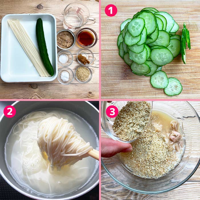 調理手順の説明写真: 1. きゅうりのスライス 2. 麺を茹でる 3. 大きなボウルに調味料を混ぜる。