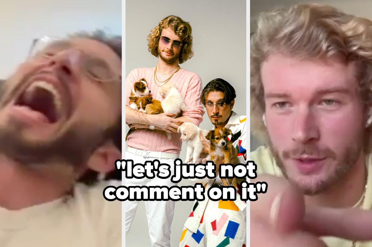 Three photos of Yung Gravy and bbno$: laughing, posing with puppies, and talking with text reading "let's just not comment on it."