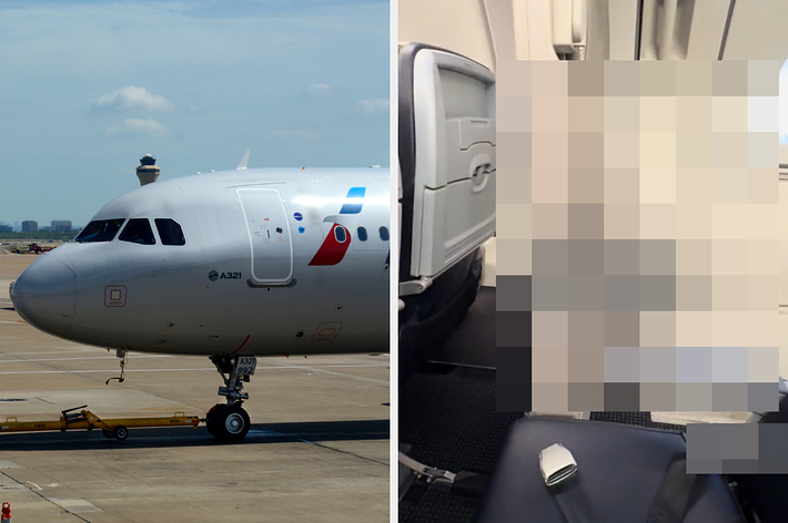 左: 滑走路上のエアバスA321。右: アメリカン航空のエアバスA321の搭乗機内、10列目の座席。