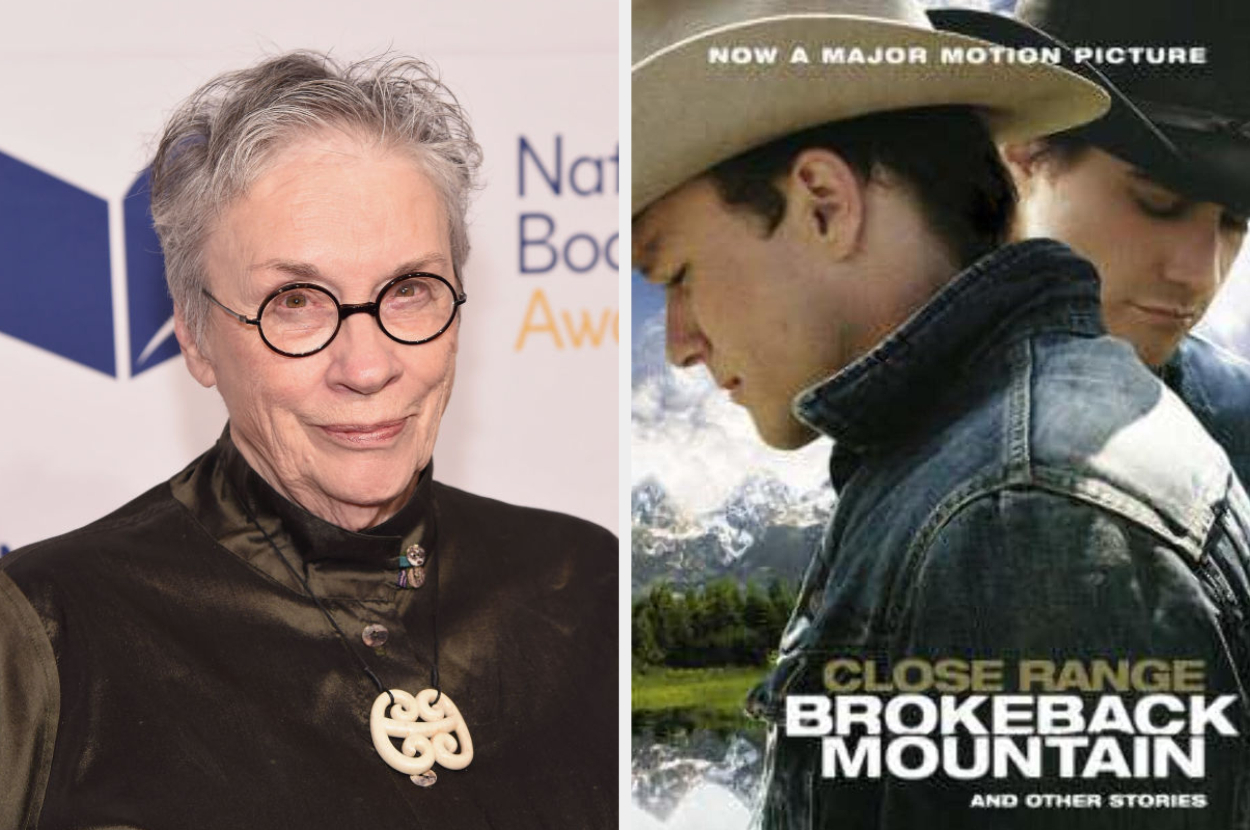 Annie Proulx at the National Book Awards next to a movie poster for &quot;Brokeback Mountain,&quot; showing two cowboys