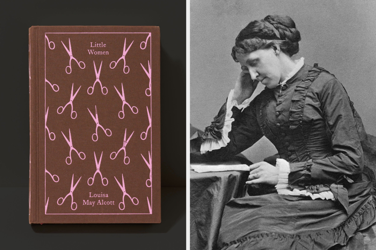 Book cover for &quot;Little Women&quot; by Louisa May Alcott, alongside a black and white photo of Louisa May Alcott wearing a ruffled dress, seated and writing