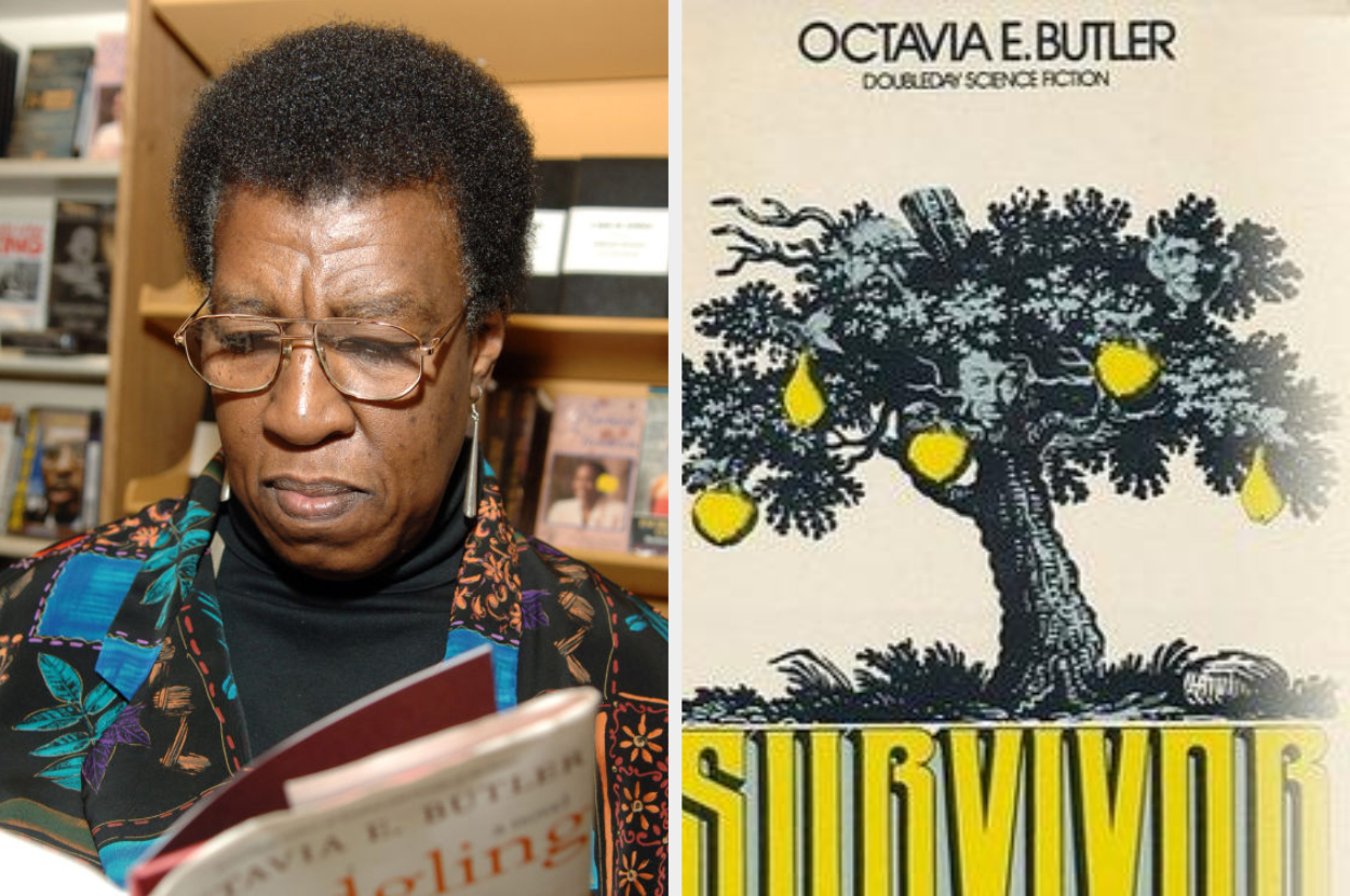 Octavia E. Butler reads a book next to the cover art of her novel &quot;Survivor,&quot; depicting a tree with yellow fruit