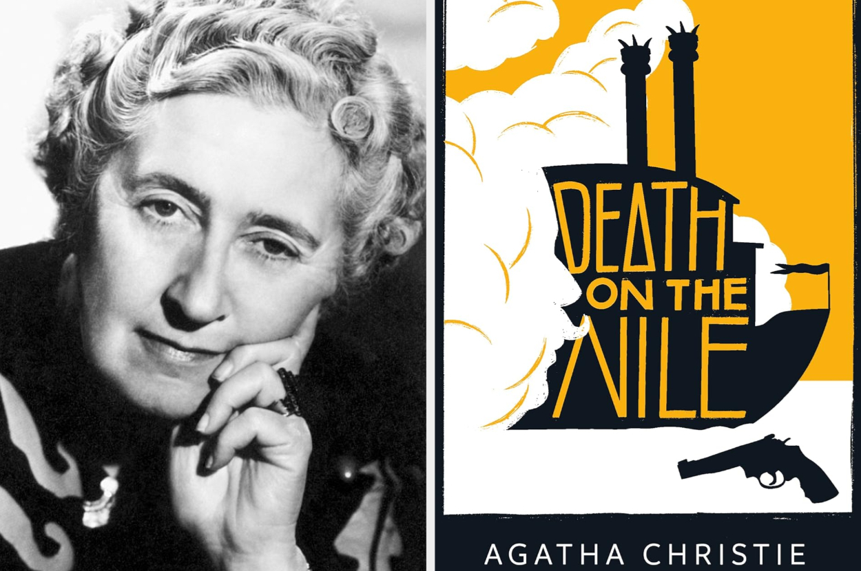 Agatha Christie looking thoughtful next to a &quot;Death on the Nile&quot; book cover featuring a ship, smoke, and a gun
