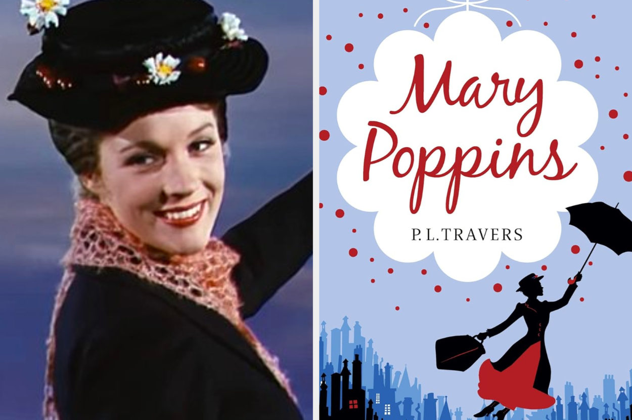 Julie Andrews smiling in her Mary Poppins costume next to a book cover of &quot;Mary Poppins&quot; by P.L. Travers with Mary Poppins holding an umbrella
