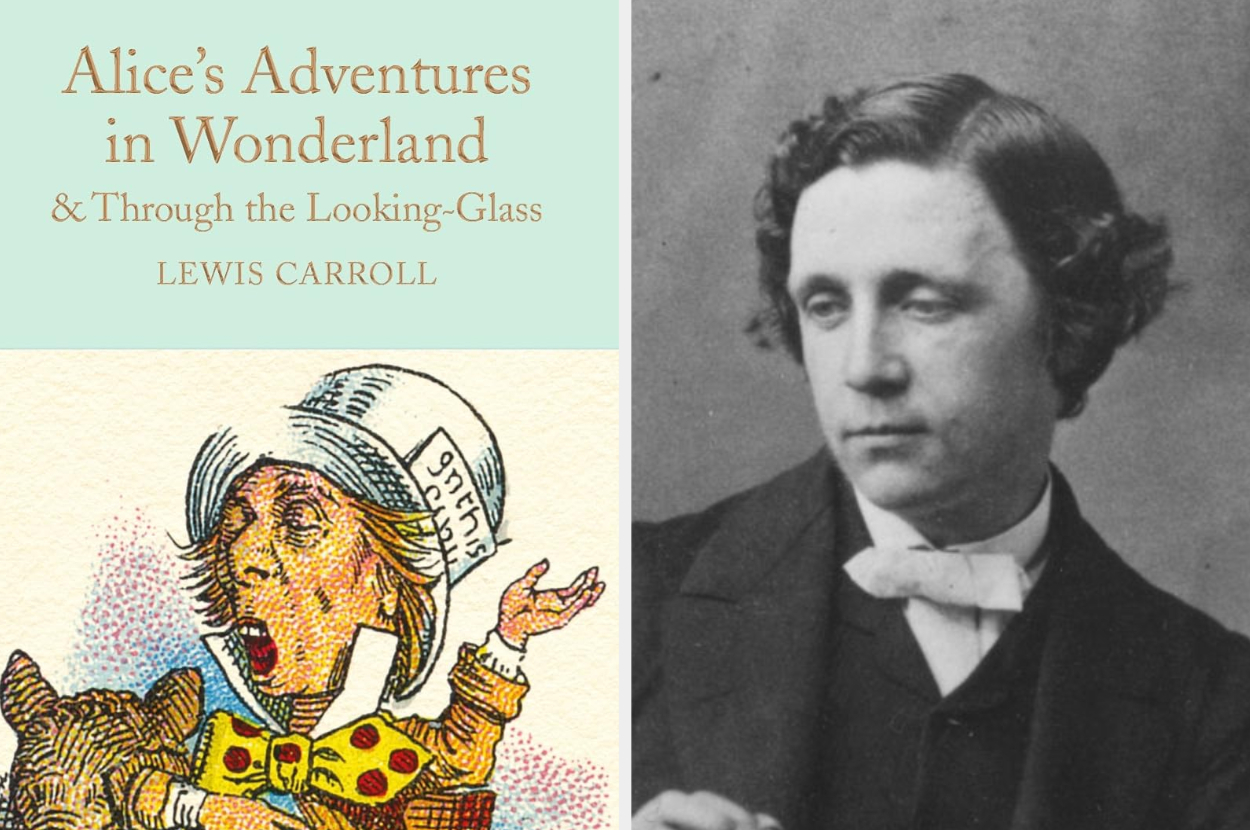 Book cover &quot;Alice&#x27;s Adventures in Wonderland &amp;amp; Through the Looking-Glass&quot; by Lewis Carroll features a drawing of the Mad Hatter; photo of Lewis Carroll on the right