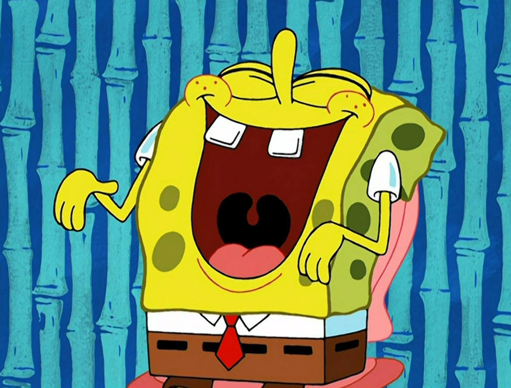 SpongeBob SquarePants, an animated character, laughing heartily in his seat with eyes closed and mouth wide open