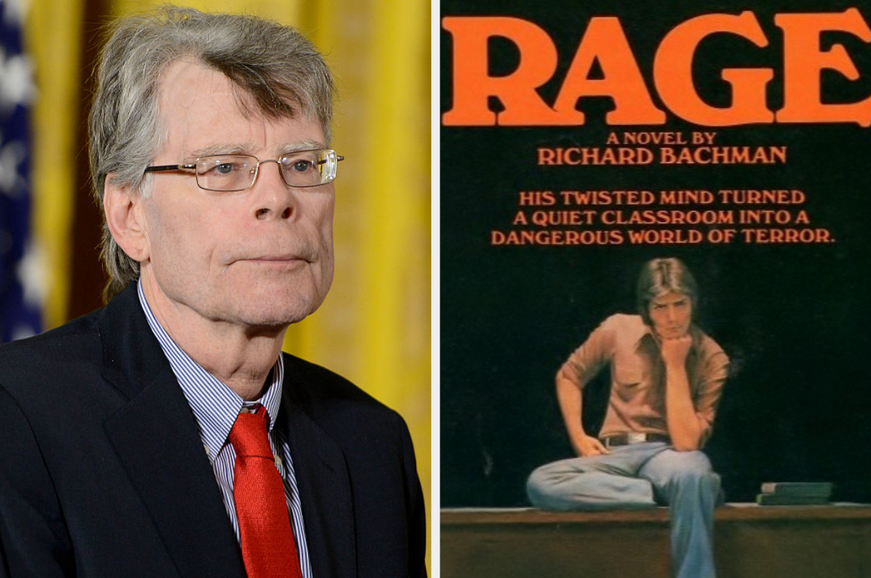 Stephen King on the left in a suit and tie; the book cover for &quot;Rage&quot; by Richard Bachman on the right, depicting a man sitting in thought