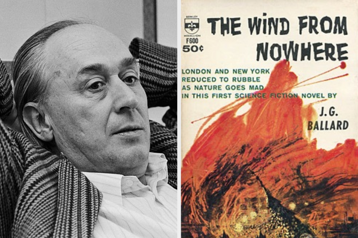 Black-and-white image of J.G. Ballard relaxing beside the cover of his book &quot;The Wind from Nowhere,&quot; depicting an abstract scene and text summarizing its premise