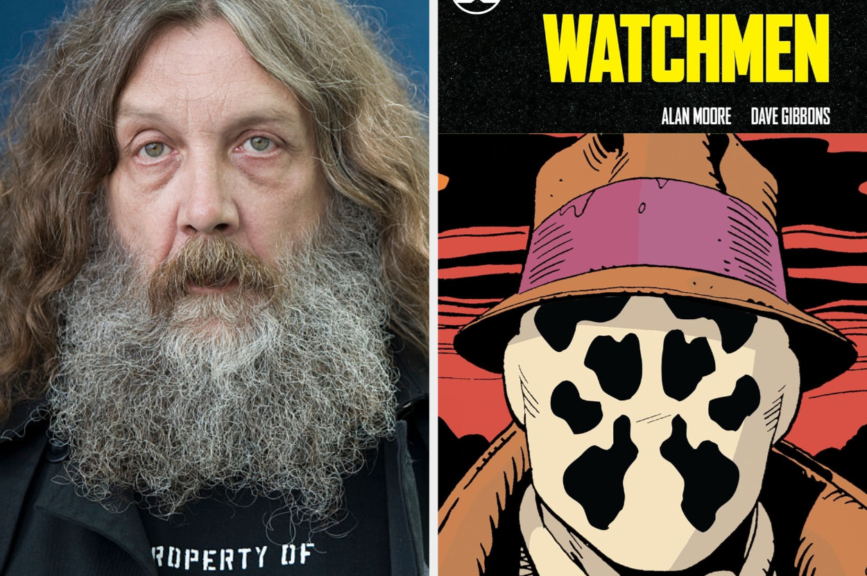 Left: Alan Moore with a long beard and long hair, wearing a black shirt. Right: Cover of the &quot;Watchmen&quot; comic by Alan Moore and Dave Gibbons