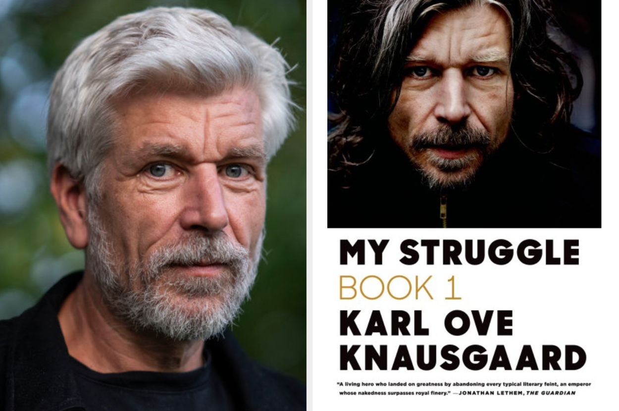 On the left side, a portrait of Karl Ove Knausgaard. On the right, the cover of his book &quot;My Struggle: Book 1&quot; with a close-up of his face
