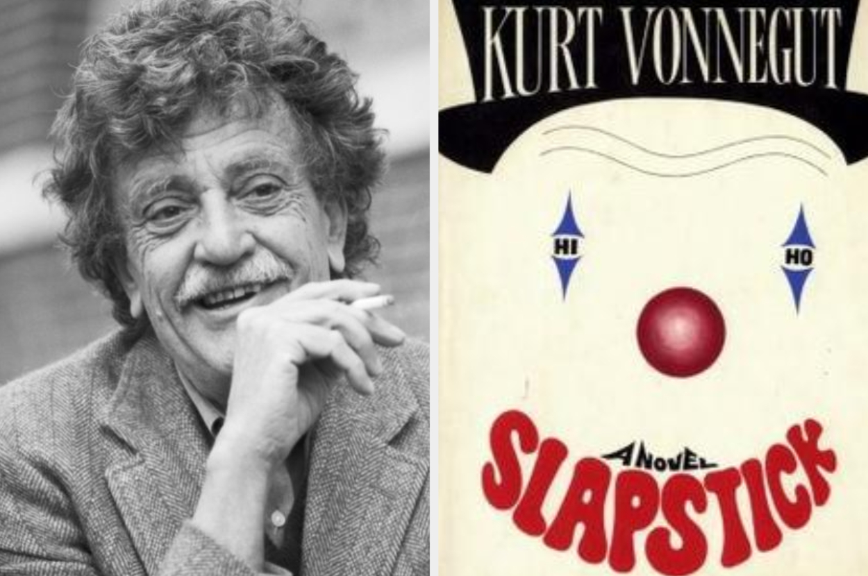 Left: Kurt Vonnegut smiling. Right: Cover of his novel &quot;Slapstick&quot; featuring a clown face with the words &quot;HI HO&quot; above the eyes
