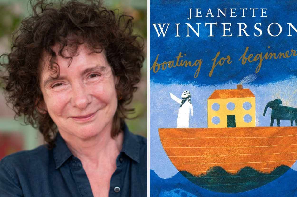 Jeanette Winterson smiling, next to the cover of her book &quot;Boating for Beginners,&quot; which shows a house on a boat with a figure and a horse