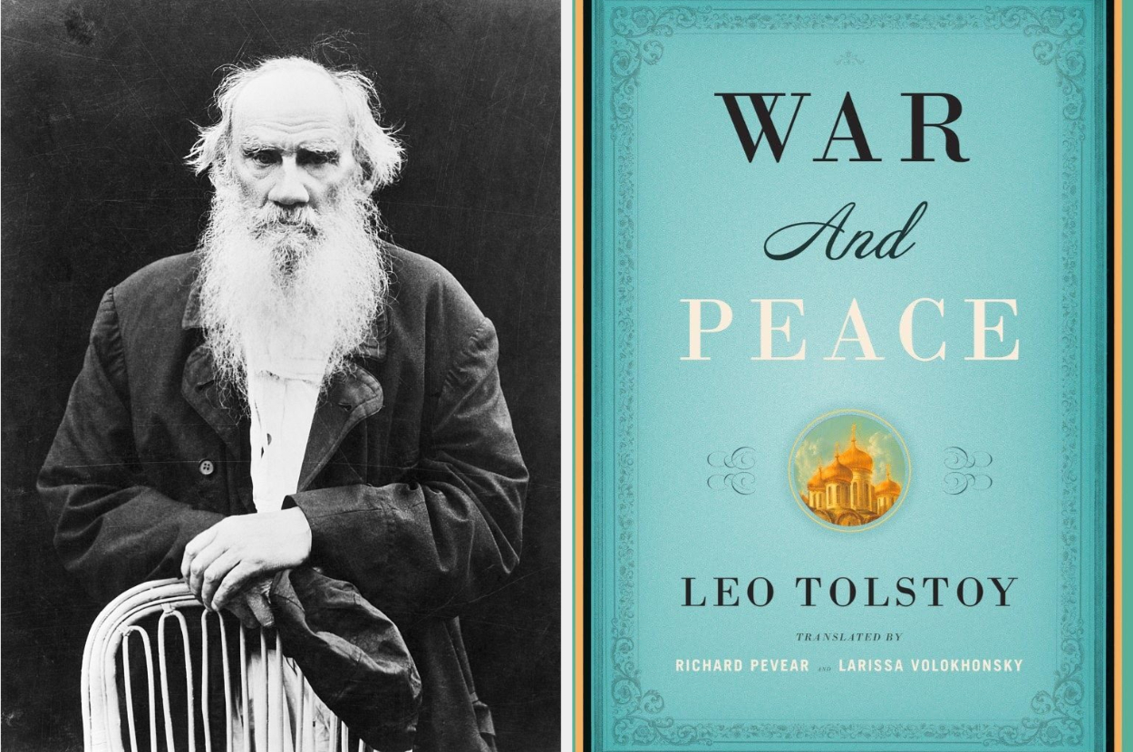 Leo Tolstoy stands with a solemn expression next to a book cover of &quot;War and Peace&quot; by Leo Tolstoy, translated by Richard Pevear and Larissa Volokhonsky