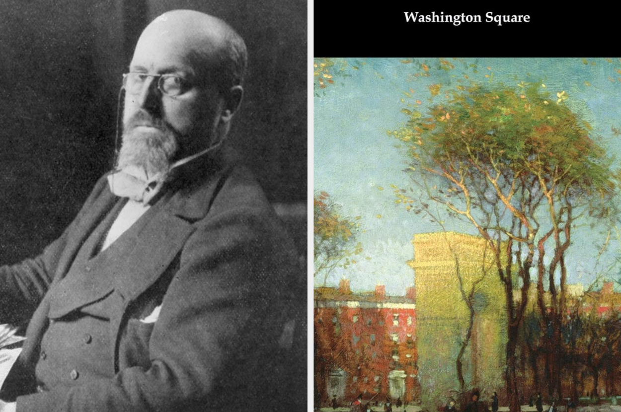 On the left, a historic photograph of Edgar Allan Poe. On the right, the painting &quot;Washington Square&quot; featuring trees and buildings in an urban setting